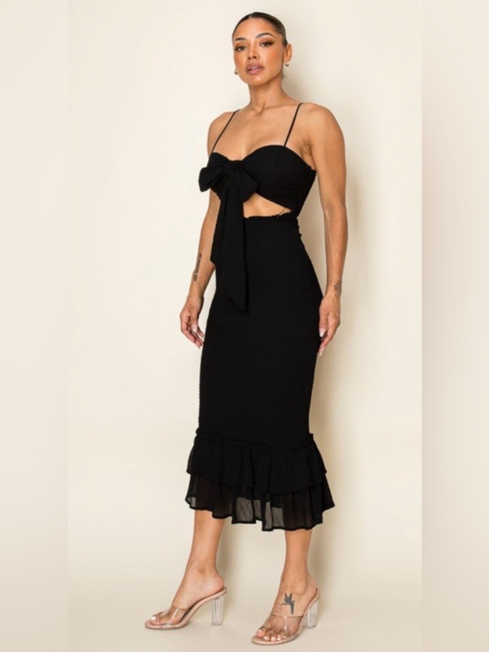 Black Tie-Front Midi Dress with Ruffle Hem